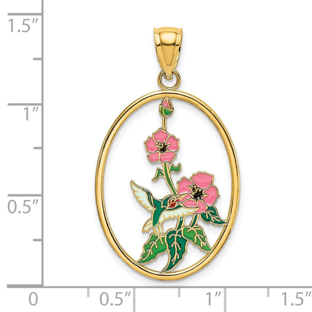 14k Yellow Gold w/ Enamel Hummingbird and Flowers In Oval Frame Charm