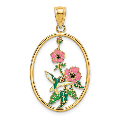 14k Yellow Gold w/ Enamel Hummingbird and Flowers In Oval Frame Charm