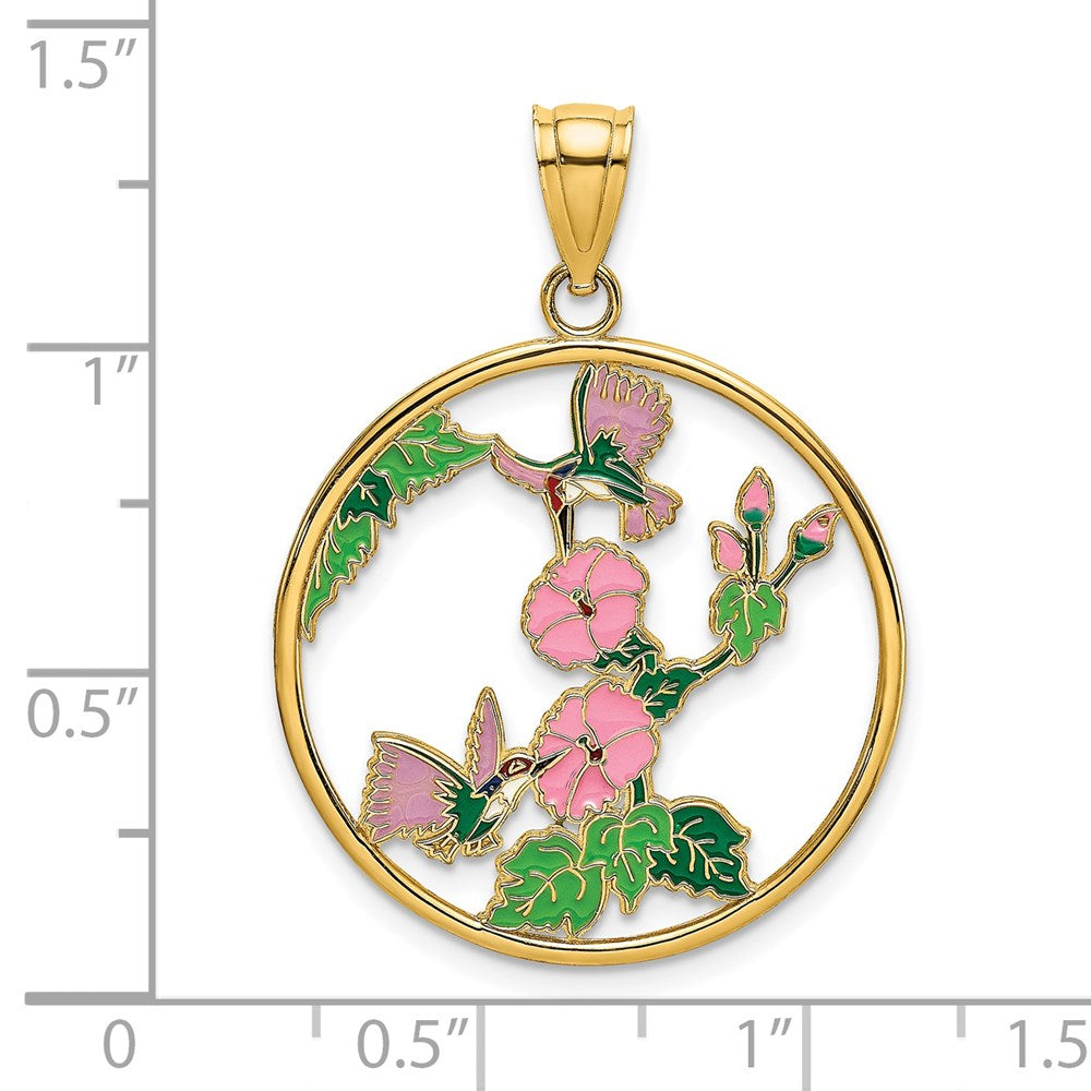 14k Yellow Gold w/ Enamel Hummingbirds and Flowers In Circle Charm