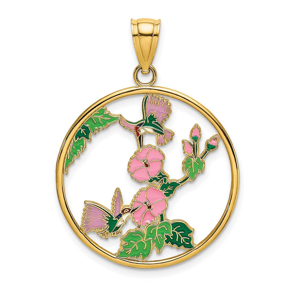 14k Yellow Gold w/ Enamel Hummingbirds and Flowers In Circle Charm