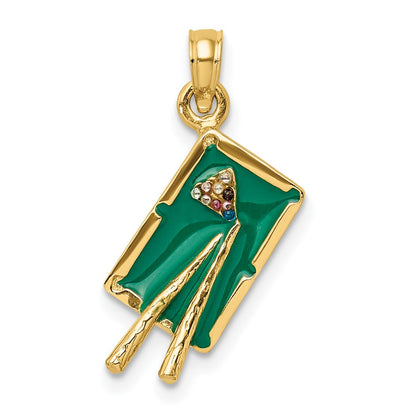 14k Yellow Gold W/ Green Enamel 3-D Pool Table Charm