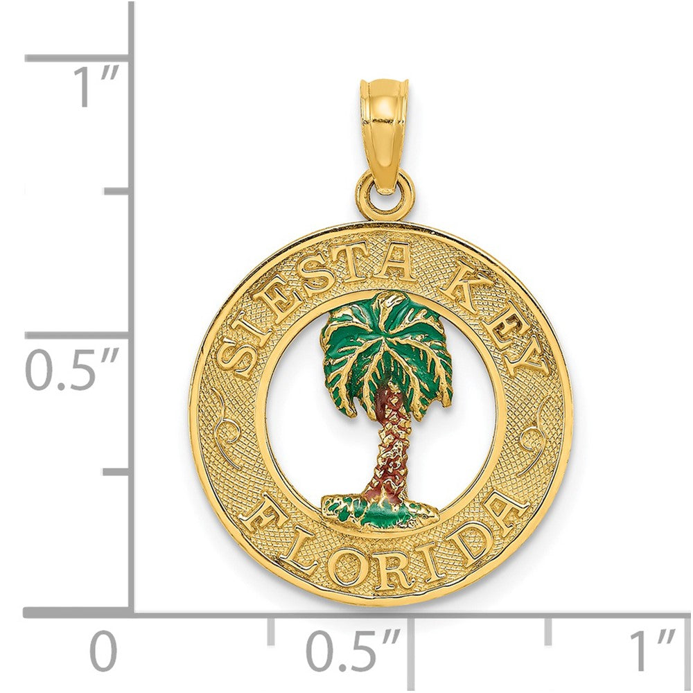 14k Yellow Gold SIESTA KEY FL Enameled Palm Tree Circle Charm