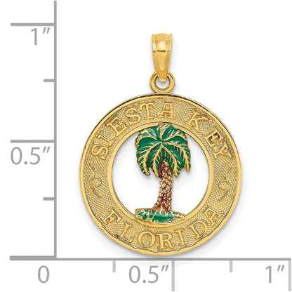 14k Yellow Gold SIESTA KEY FL Enameled Palm Tree Circle Charm