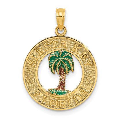 14k Yellow Gold SIESTA KEY FL Enameled Palm Tree Circle Charm