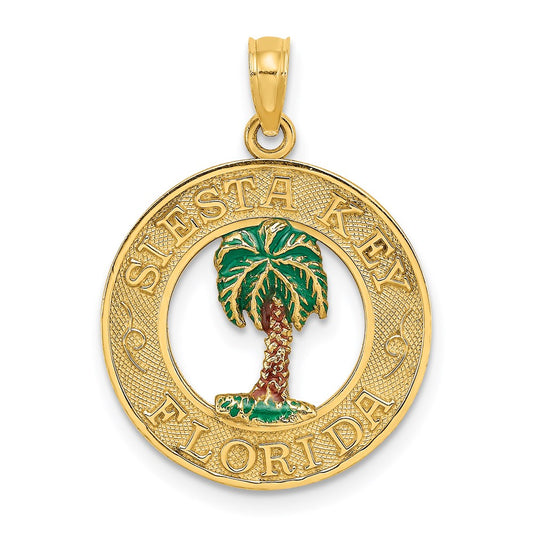 14k Yellow Gold SIESTA KEY FL Enameled Palm Tree Circle Charm
