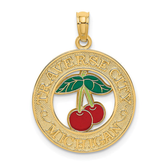 14k Yellow Gold TRAVERSE CITY MI Enamel Cherry Charm