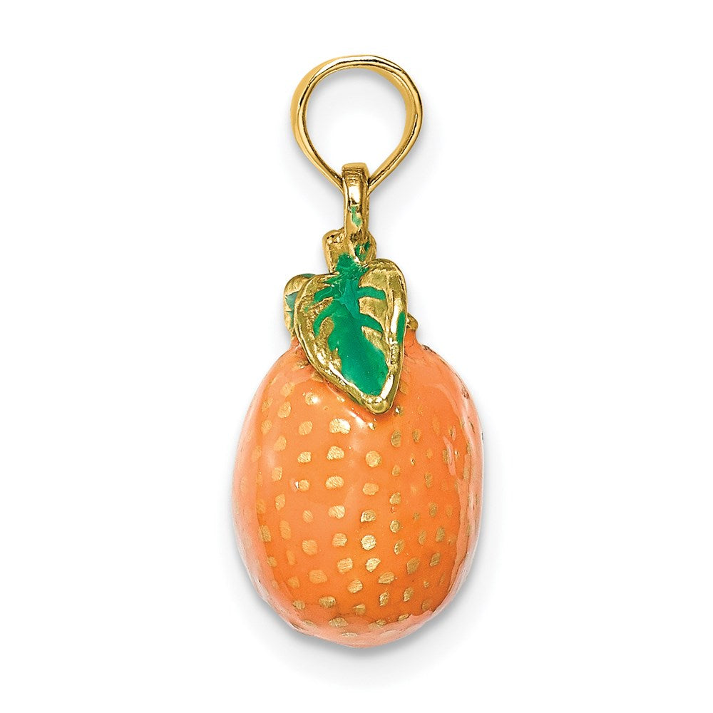 14k Yellow Gold W/ Enamel 3-D Orange With Stem and Leaf Charm