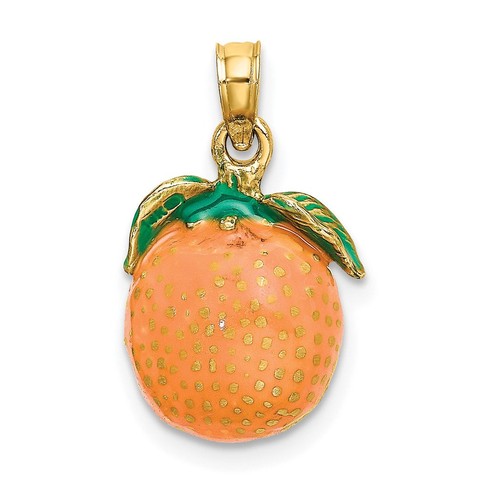 14k Yellow Gold W/ Enamel 3-D Orange With Stem and Leaf Charm