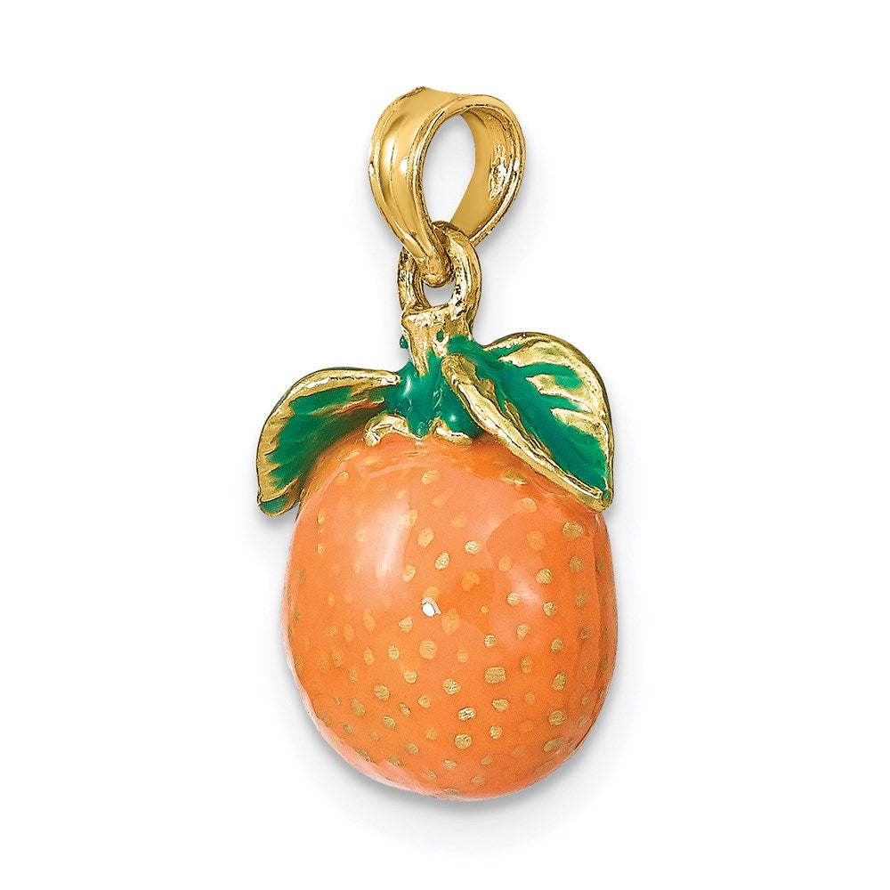 14k Yellow Gold W/ Enamel 3-D Orange With Stem and Leaf Charm