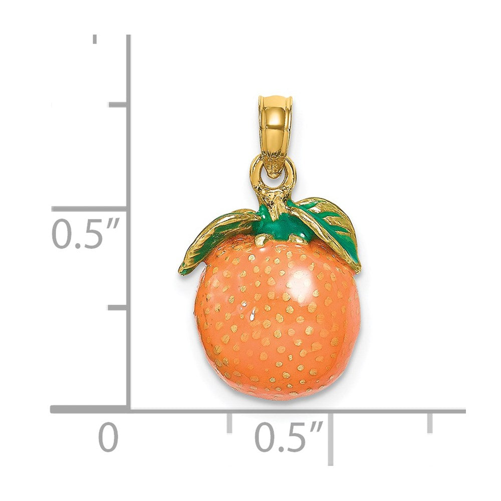 14k Yellow Gold W/ Enamel 3-D Orange With Stem and Leaf Charm