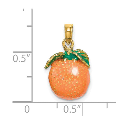 14k Yellow Gold W/ Enamel 3-D Orange With Stem and Leaf Charm