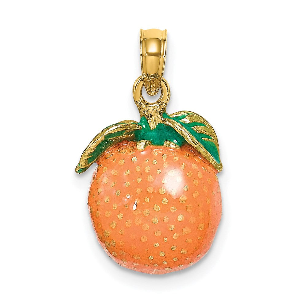 14k Yellow Gold W/ Enamel 3-D Orange With Stem and Leaf Charm