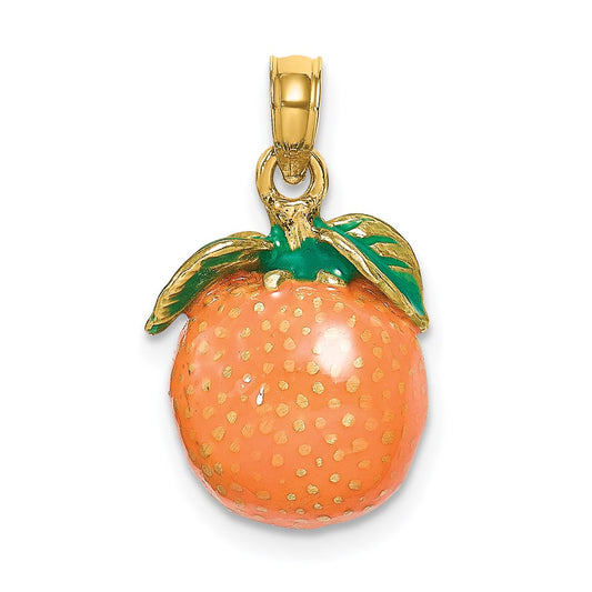 14k Yellow Gold W/ Enamel 3-D Orange With Stem and Leaf Charm