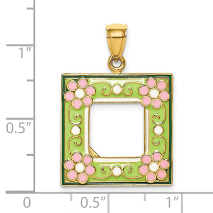 14k Yellow Gold w/ Enamel Green Floral Picture Frame Charm