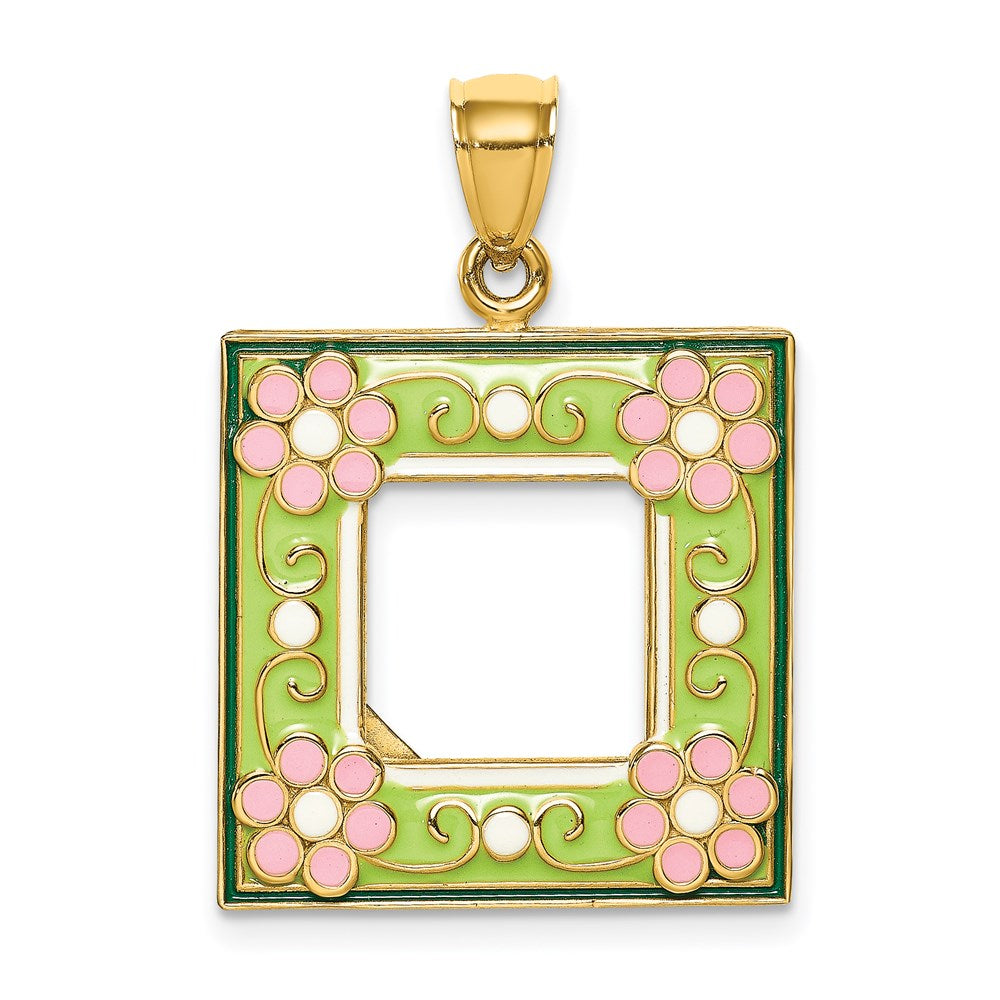 14k Yellow Gold w/ Enamel Green Floral Picture Frame Charm