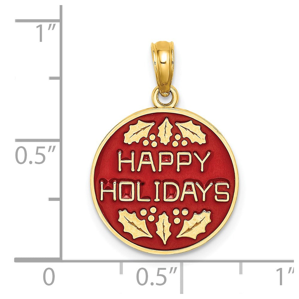 14k Yellow Gold w/ Enamel HAPPY HOLIDAYS w/ Holly On Round Disc Charm
