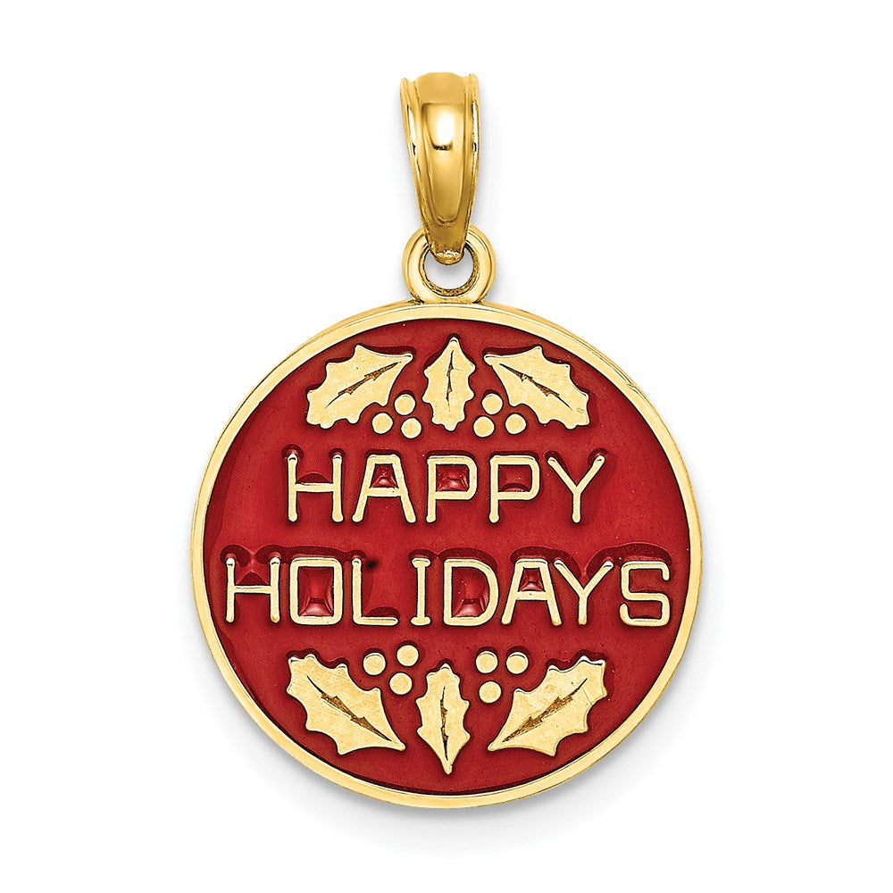 14k Yellow Gold w/ Enamel HAPPY HOLIDAYS w/ Holly On Round Disc Charm