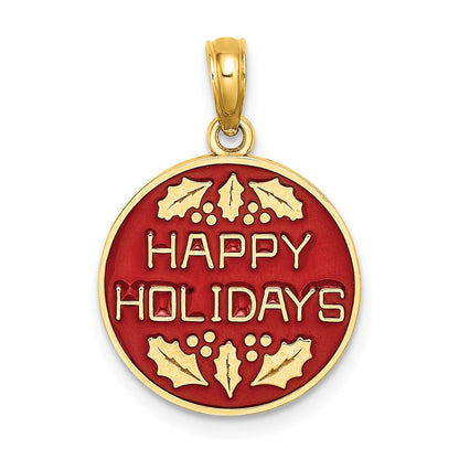 14k Yellow Gold w/ Enamel HAPPY HOLIDAYS w/ Holly On Round Disc Charm