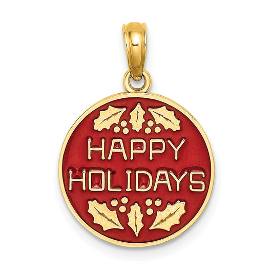 14k Yellow Gold w/ Enamel HAPPY HOLIDAYS w/ Holly On Round Disc Charm