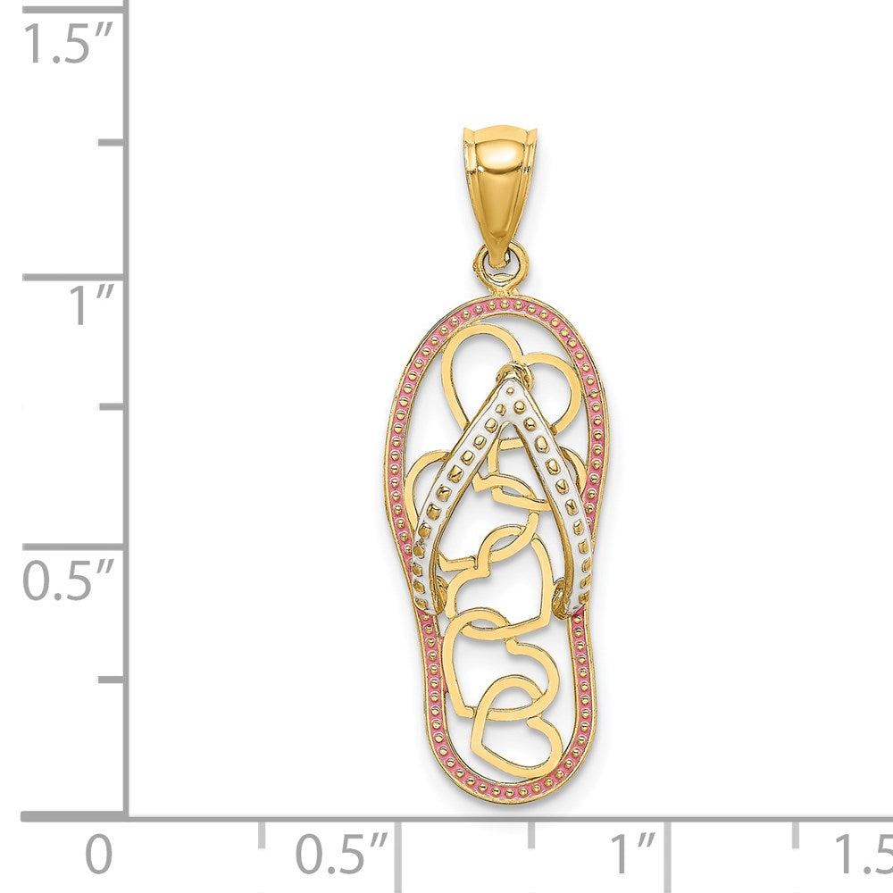 14k Yellow Gold Multi Heart Flip-Flop w/ Pink and White Enamel Charm