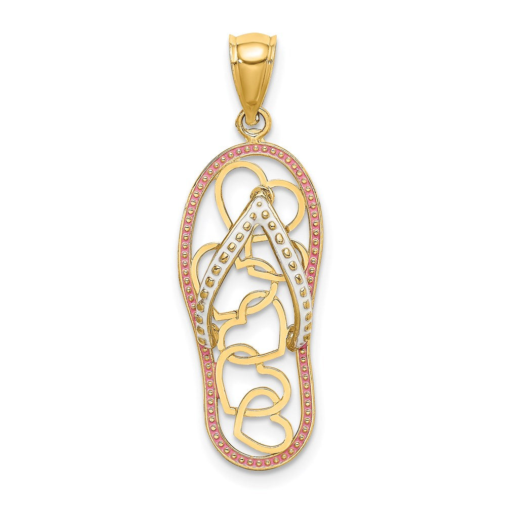 14k Yellow Gold Multi Heart Flip-Flop w/ Pink and White Enamel Charm