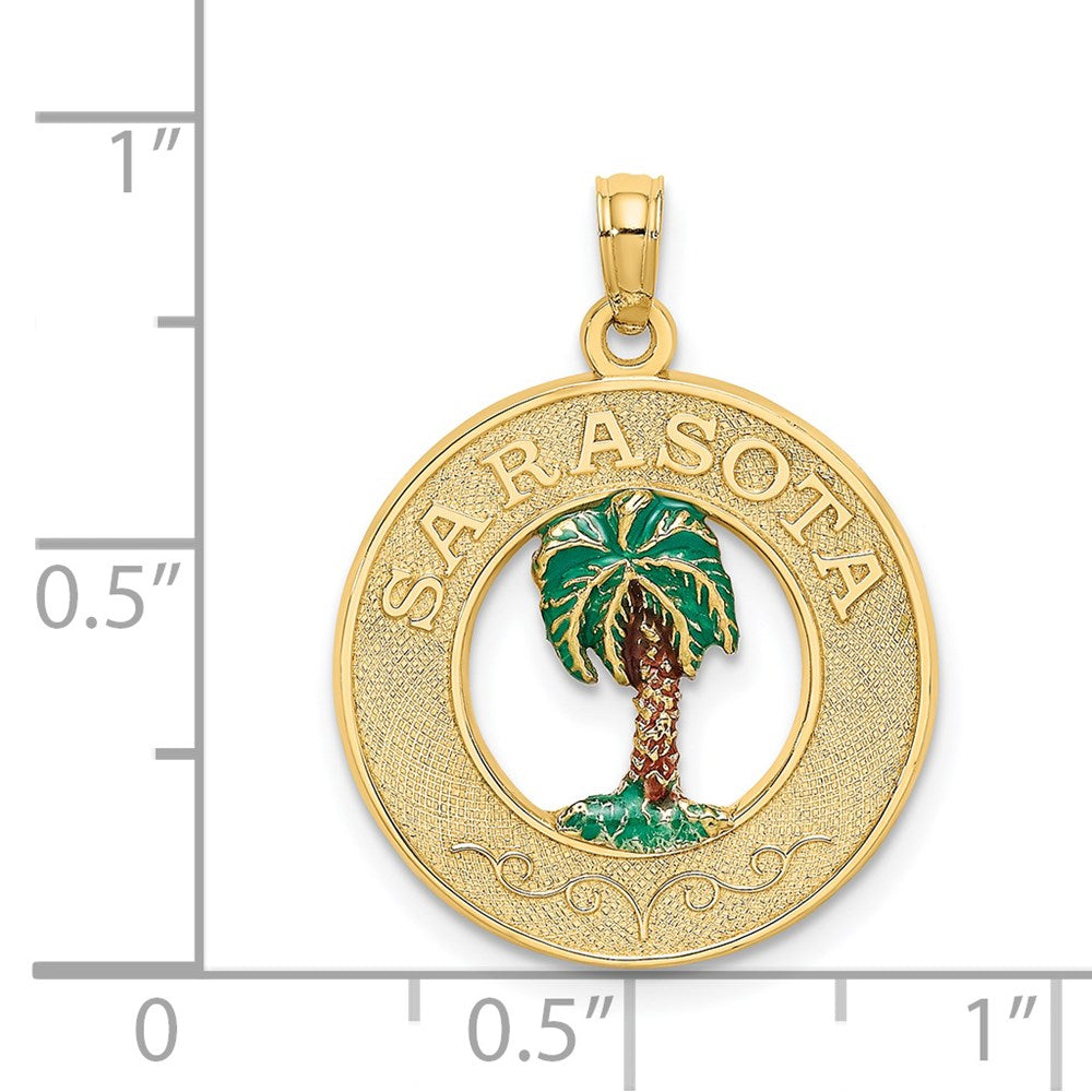 14k Yellow Gold SARASOTA Circle w/ Enamel Palm Tree Charm