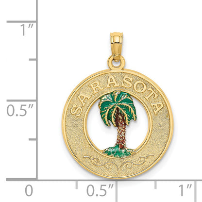 14k Yellow Gold SARASOTA Circle w/ Enamel Palm Tree Charm