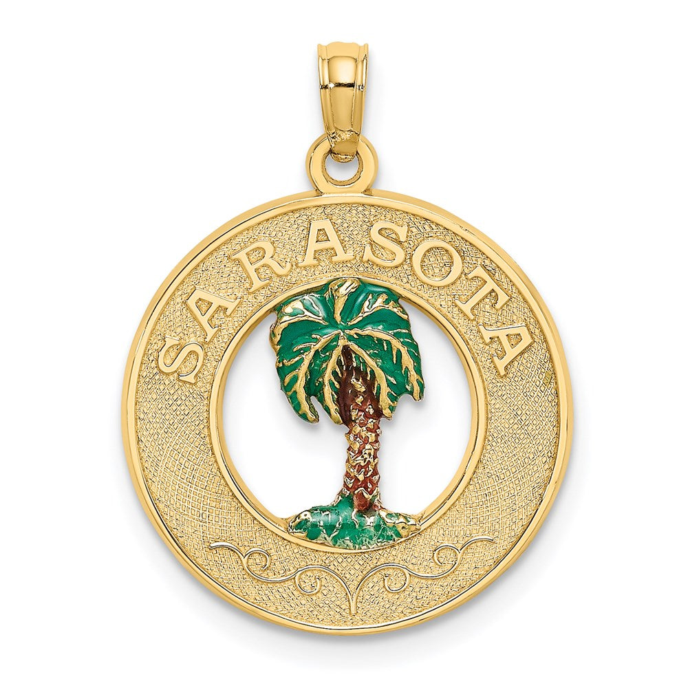 14k Yellow Gold SARASOTA Circle w/ Enamel Palm Tree Charm