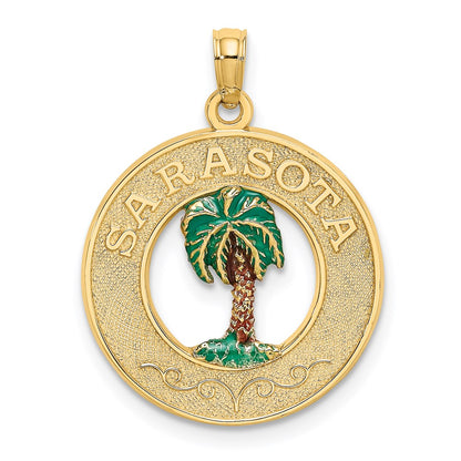 14k Yellow Gold SARASOTA Circle w/ Enamel Palm Tree Charm