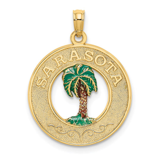 14k Yellow Gold SARASOTA Circle w/ Enamel Palm Tree Charm