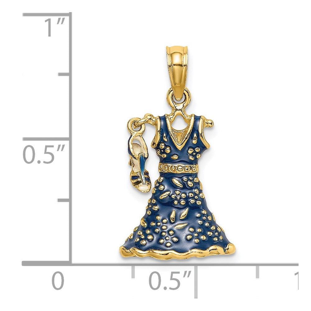 14k Yellow Gold 3-D Moveable Enamel Blue Floral Dress w/ Shoe Charm
