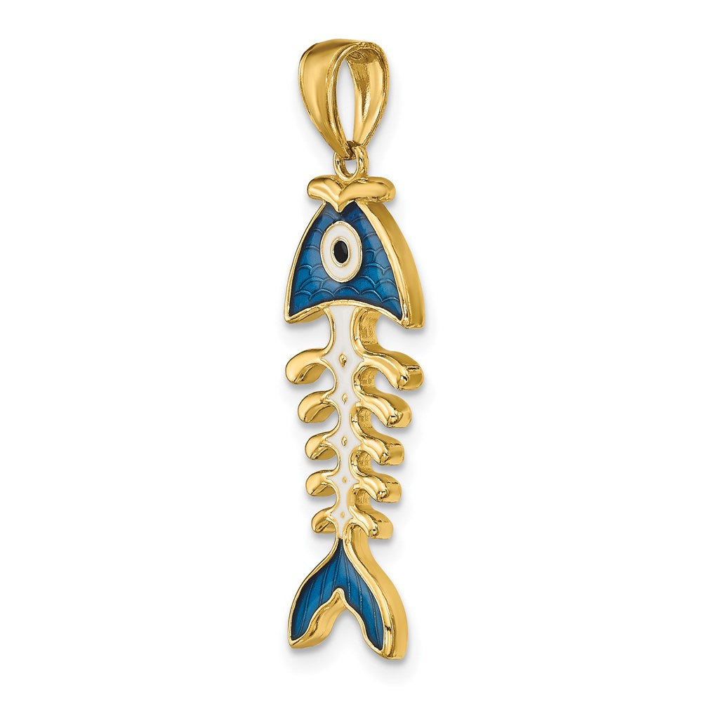 14k Yellow Gold 3D  Blue Enamel Fish Bone Pendant