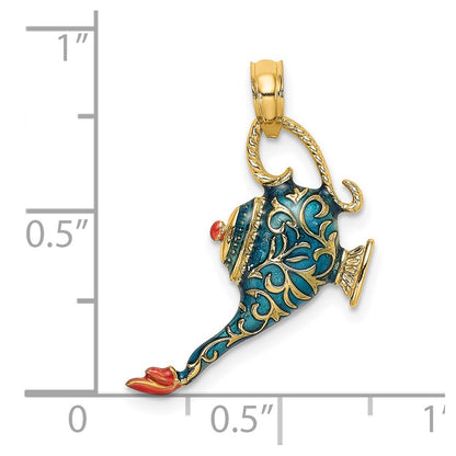 14k Yellow Gold w/ Enamel 3-D Textured Blue Genie Lamp Charm