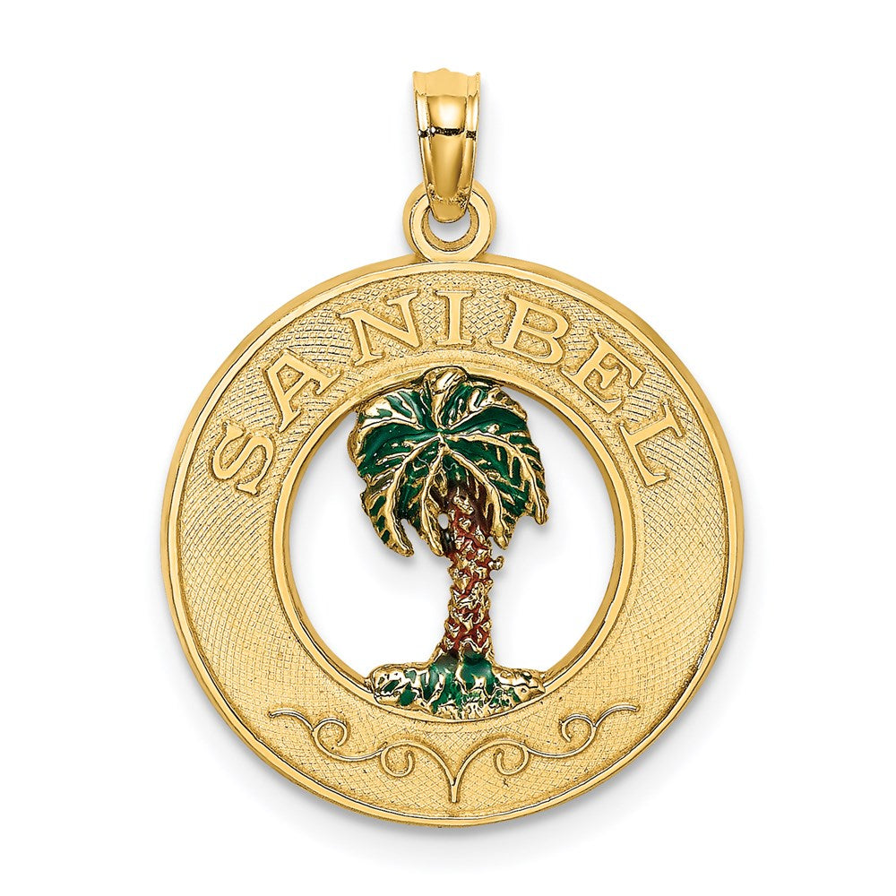 14k Yellow Gold SANIBEL Circle w/ Enamel Palm Tree Charm