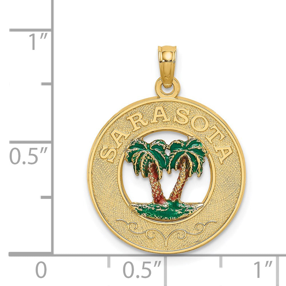 14k Yellow Gold w/ Enamel SARASOTA Circle Palm Tree Charm