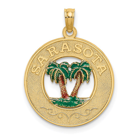 14k Yellow Gold w/ Enamel SARASOTA Circle Palm Tree Charm
