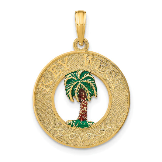 14k Yellow Gold KEY WEST Enameled Palm Tree Circle Charm