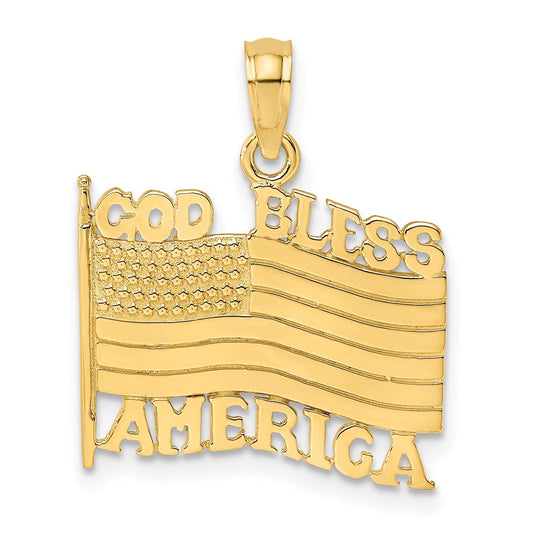 14k Yellow Gold Polished Textured God Bless America w/ Flag Charm