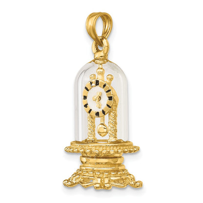 14k Yellow Gold w/ Enamel 3-D Moveable Clock In Glass Dome Charm