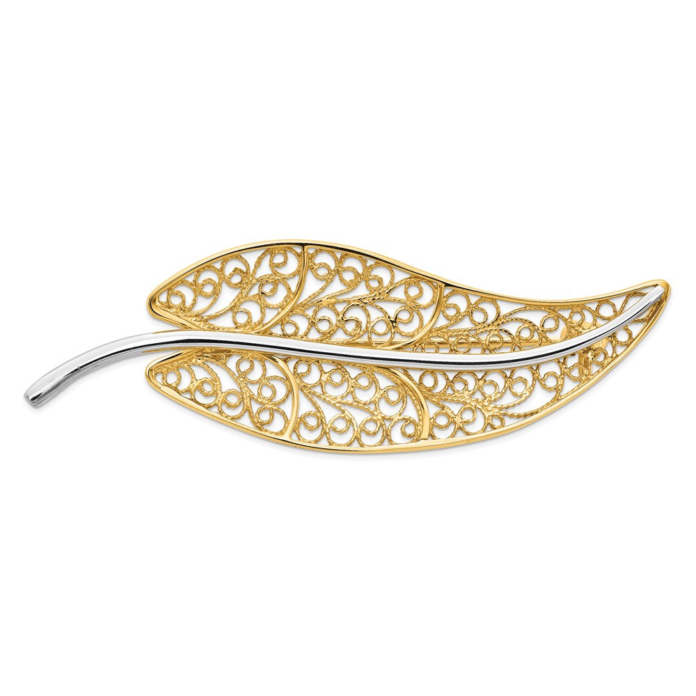 14k Yellow & Rhodium Gold and Rhodium Filigree Leaf Pin