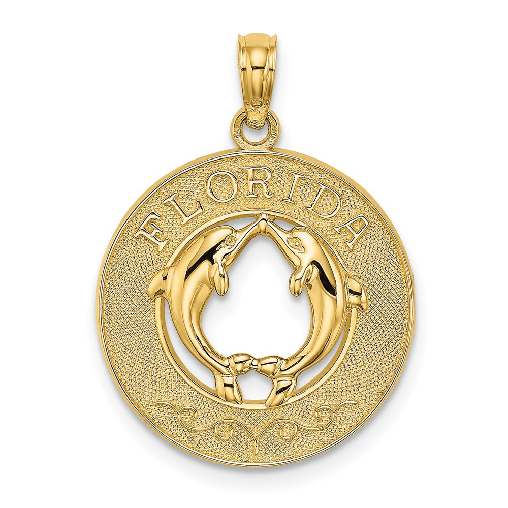 14k Yellow Gold FLORIDA w/Dolphins Circle Charm