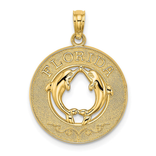 14k Yellow Gold FLORIDA w/Dolphins Circle Charm