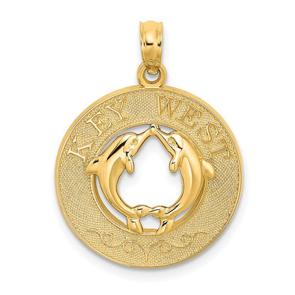 14k Yellow Gold KEY WEST w/Dolphins Circle Charm