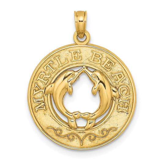 14k Yellow Gold MYRTLE BEACH w/Dolphins  Circle Charm