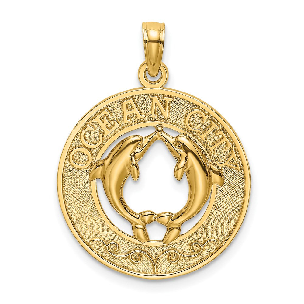 14k Yellow Gold OCEAN CITY w/ Dolphins Charm