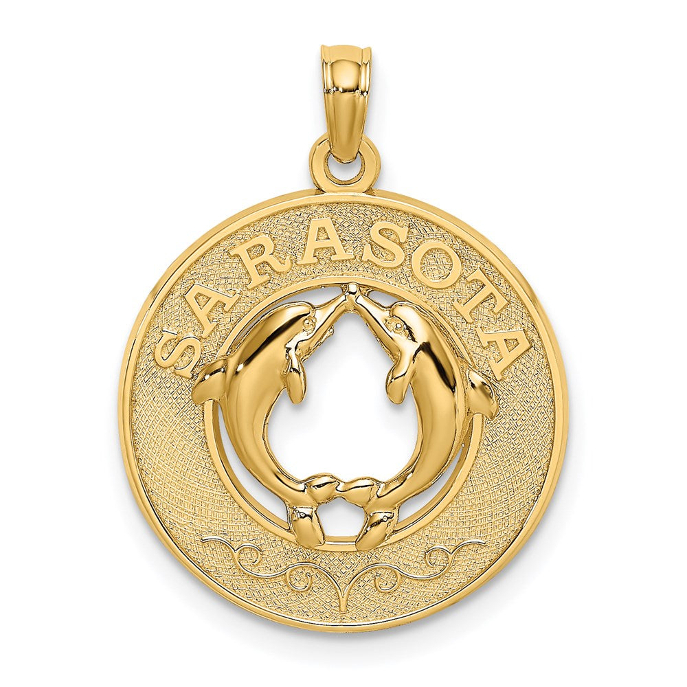 14k Yellow Gold SARASOTA w/Dolphins Circle Charm