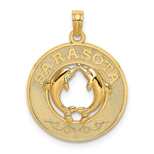 14k Yellow Gold SARASOTA w/Dolphins Circle Charm