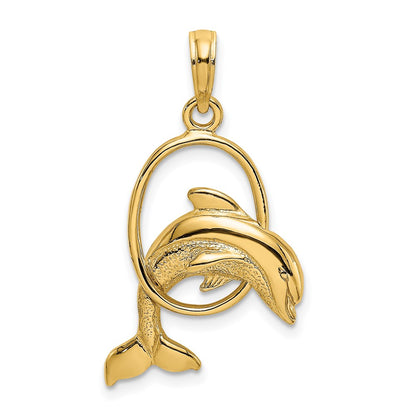 14k Yellow Gold Polished Dolphin Jumping Through Hoop Charm