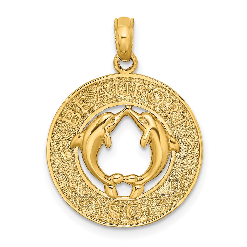 14k Yellow Gold BEAUFORT SC w/Dolphins Circle Charm