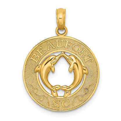 14k Yellow Gold BEAUFORT SC w/Dolphins Circle Charm